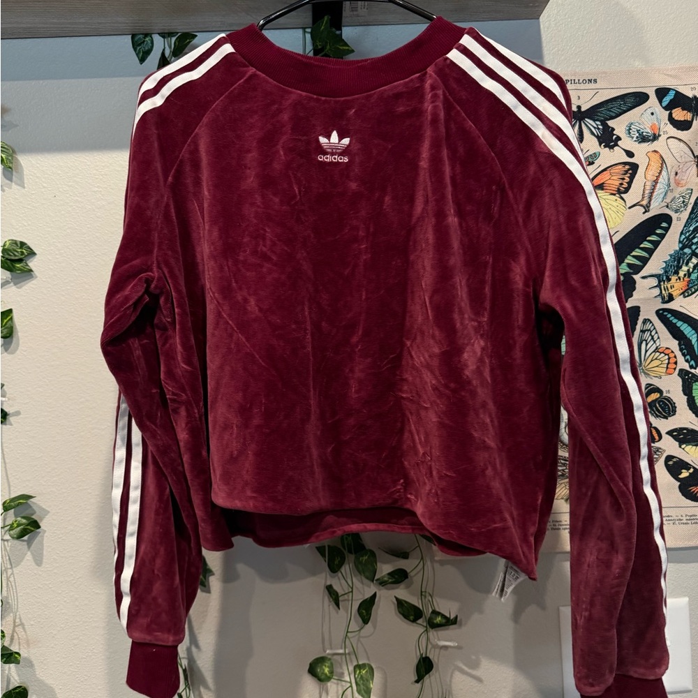 Adidas Maroon Velour Top with White Accents